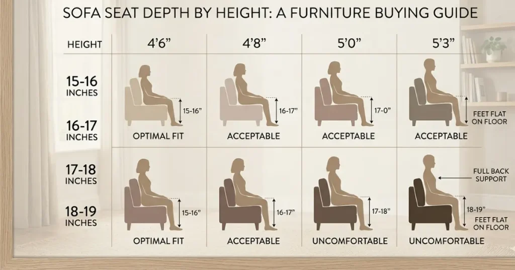 Ideal sofa seat depth chart for people under 5 feet showing recommended sofa depth by height from 4'6" to 5'3"