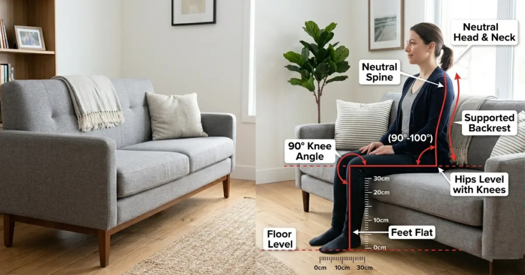 correct sitting posture on sofa feet flat knees 90 degrees ergonomic