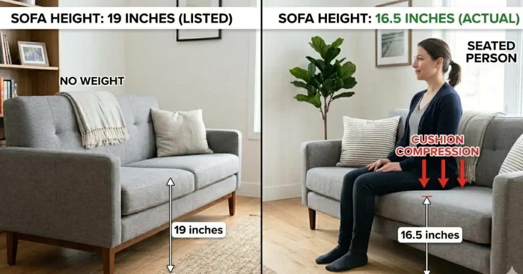 difference between listed and actual sofa seat height after cushion compression