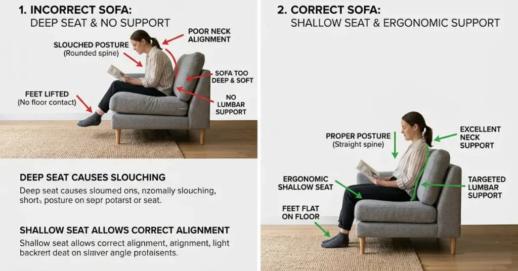 ideal sectional seat depth for short people ergonomic comparison