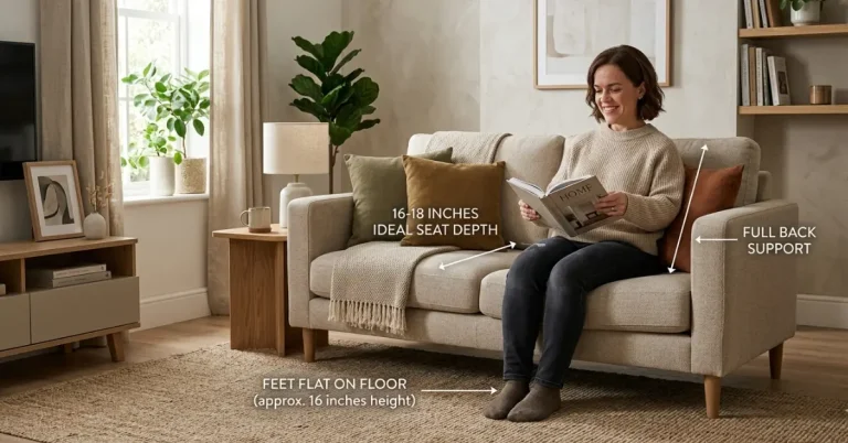 ideal sofa seat depth for under 5 feet showing comfortable seating posture