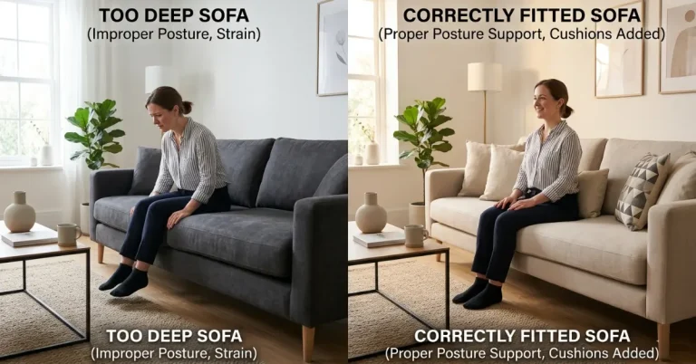 short person struggling with deep sofa seat depth posture comparison ergonomic sofa fit guide