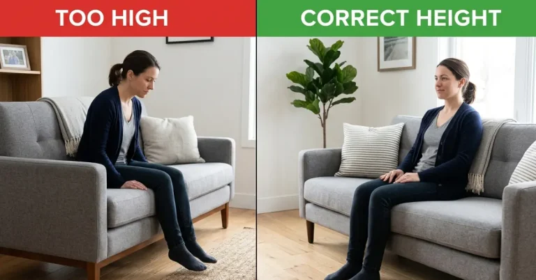 sofa height comparison for 5'2 person feet flat vs dangling posture