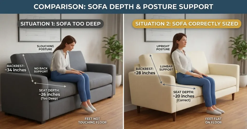 sofa too deep vs correct seat depth comparison posture alignment diagram
