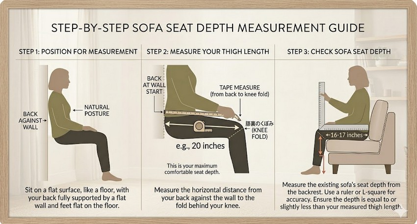 step by step guide to measuring sofa seat depth using body measurements for correct sofa sizing
