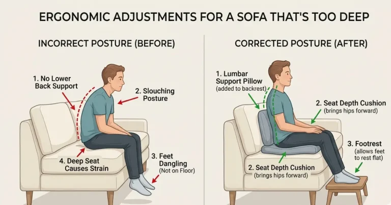 Short adult sitting on a deep sofa showing poor posture and dangling feet compared to improved ergonomic setup using lumbar support pillow, footrest, and seat depth cushion for better comfort and