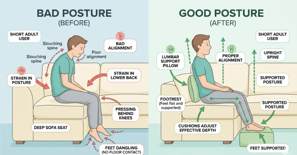 Side by side comparison of poor sofa posture with slouching and dangling feet versus improved seating posture using lumbar support pillow and footrest for better ergonomic support