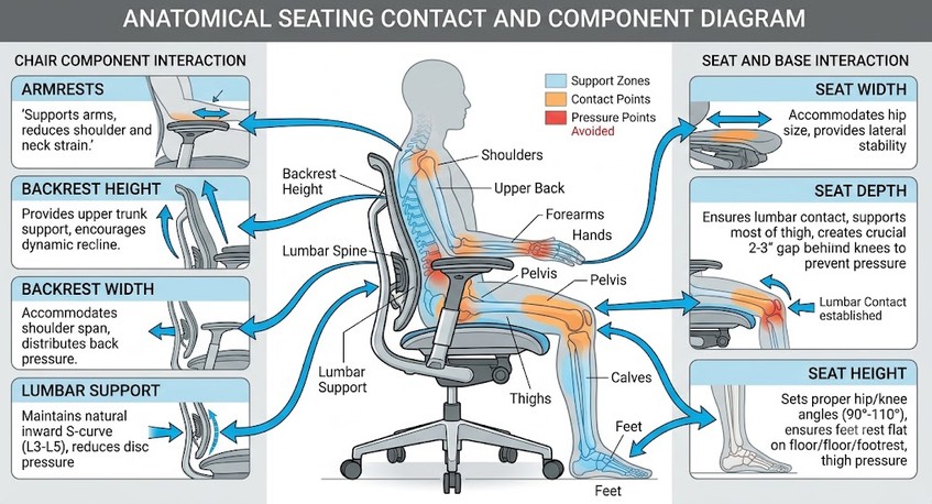 Diagram showing body contact points and the furniture dimensions that support each body region.