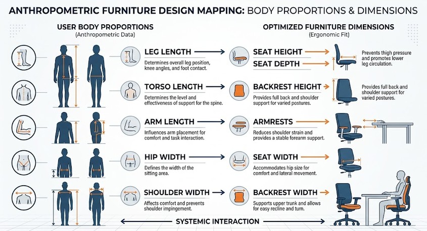 Reference chart connecting body measurements with furniture dimensions.