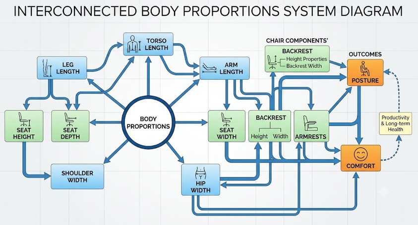 Diagram showing how multiple body proportions work together to determine furniture fit.