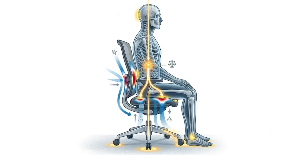 Human body transferring weight through the skeleton, pelvis, chair, and floor while sitting.