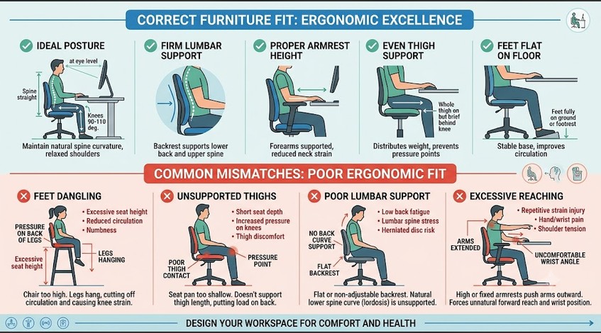 Comparison of correct furniture fit and common body-to-furniture mismatches.
