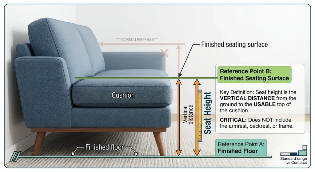 Diagram illustrating accurate sofa seat height measurement, defining Reference Point A (finished floor) to Reference Point B (finished seating surface).