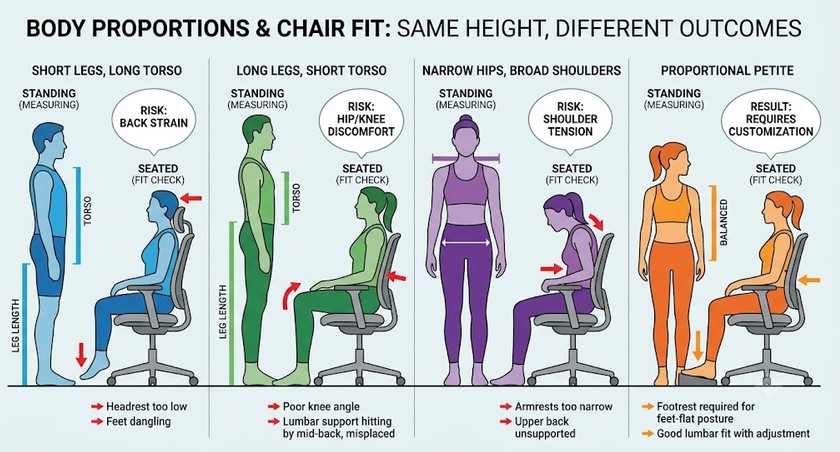 Illustration showing different body proportion combinations among people of similar height.