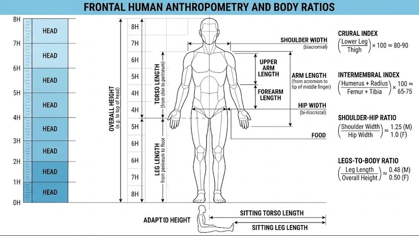 Frontal Human Anthropometry and Body Ratios