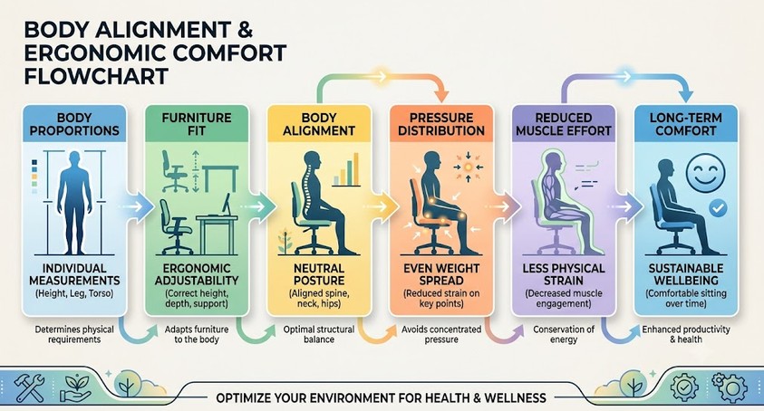 Flowchart showing how body proportions influence ergonomic comfort.