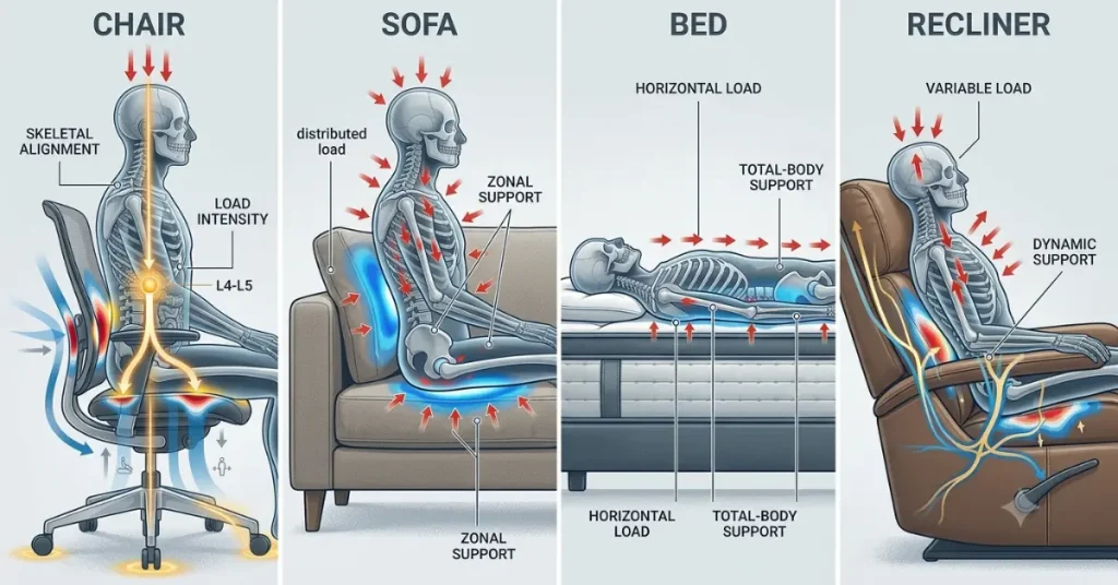 Comparison showing skeletal support in a chair, sofa, bed, and recliner.