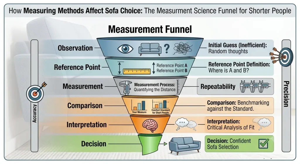 Diagram of a Measurement Funnel explaining how Sofa Seat Height observations become accurate ergonomic decisions.