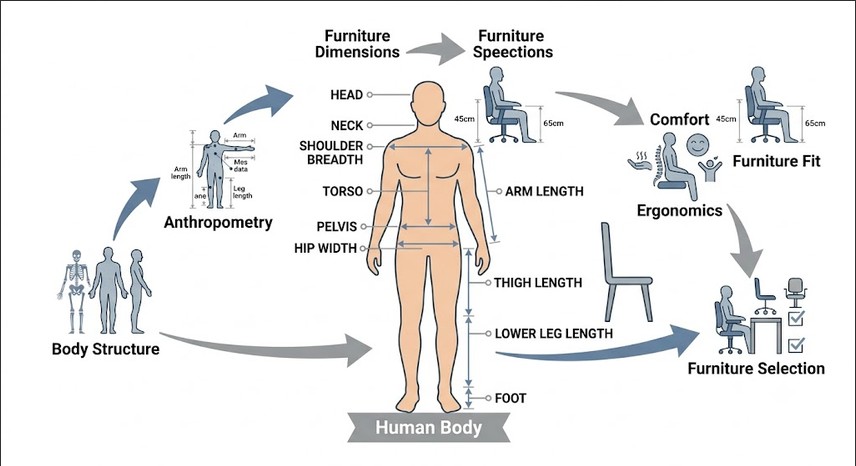 Human body illustration showing body segments used to determine furniture dimensions.