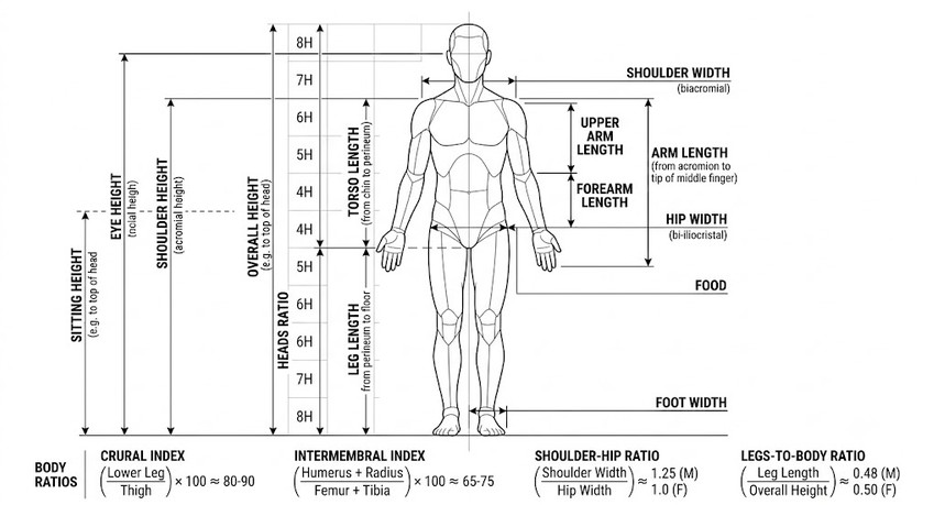 Human figure labeled with the body proportions that influence furniture fit.