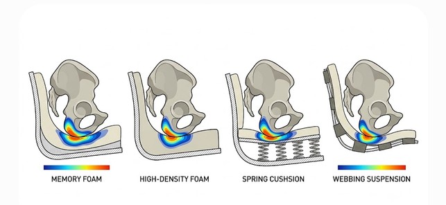 Pelvis resting on different seat cushion constructions with pressure distribution shown.