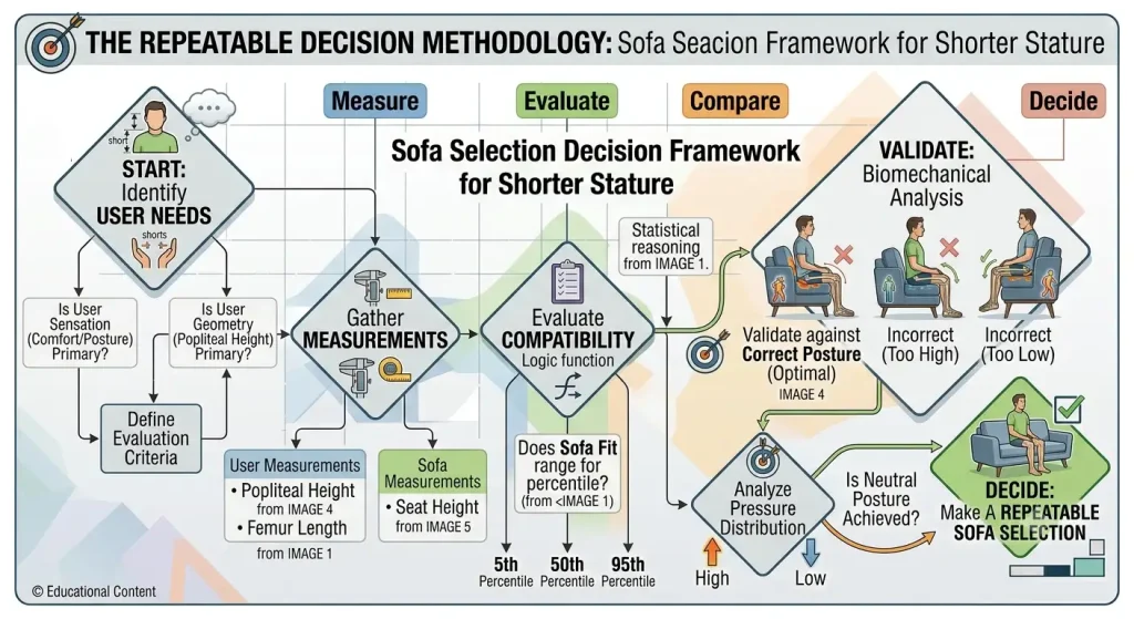 A technical infographic by Sofia Crooks presenting a detailed decision tree methodology for choosing sofas suitable for shorter adults. It outlines steps like Identifying User Needs, Gathering Measurements (Popliteal Height, Femur Length), Evaluating Compatibility using statistical reasoning, and Validating against correct biomechanical posture and pressure distribution to make a repeatable sofa selection.