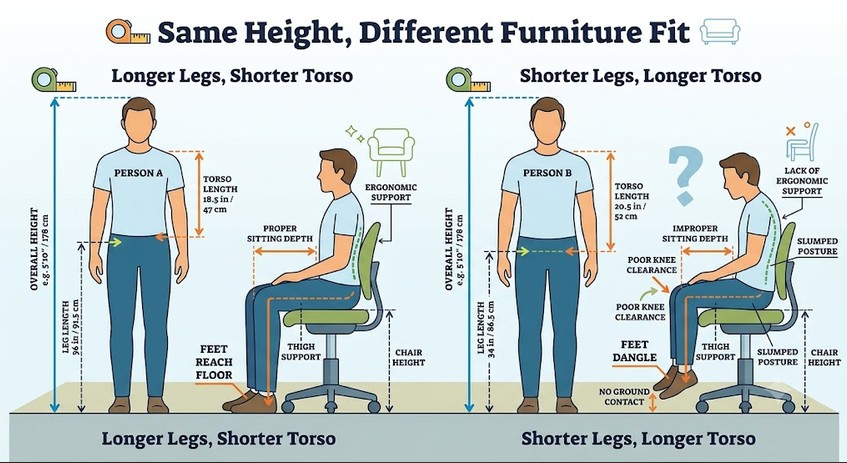 Comparison showing why two people of identical height require different furniture because of different body proportions.