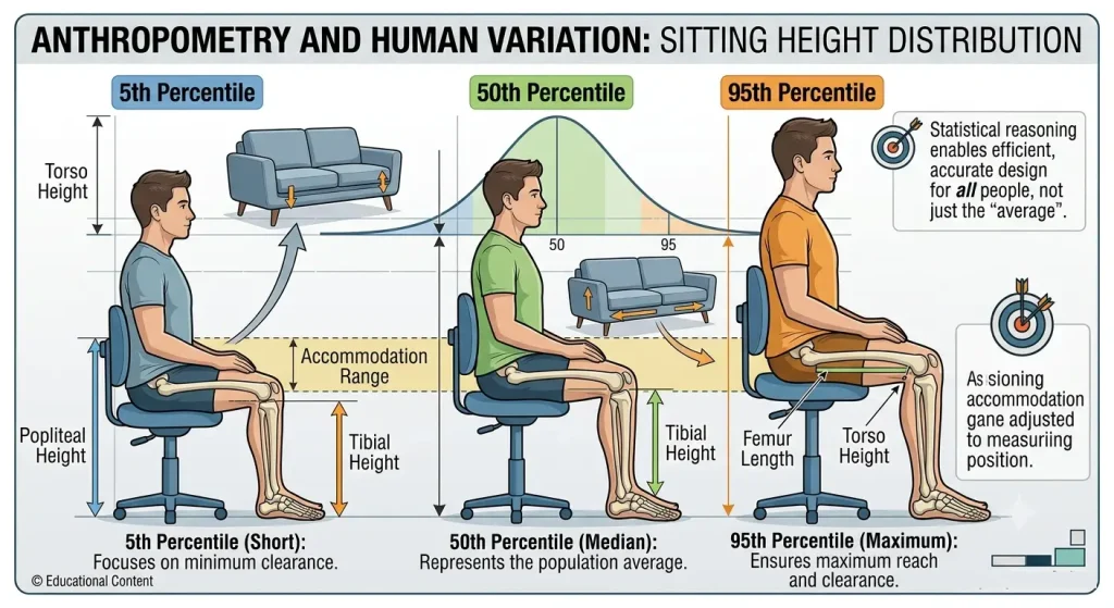 Educational infographic by Sofia Crooks illustrating 5th, 50th, and 95th percentile human body proportions for sitting height, femur length, and popliteal height, comparing standard and compact sofa styles for short people and average users.