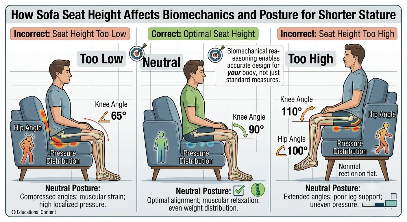 Educational infographic by Sofia Crooks showing biomechanical posture comparison for shorter people on sofas with seat heights that are Too Low, Optimal (Correct), and Too High. Illustrates knee angles, hip angles, and pressure distribution.