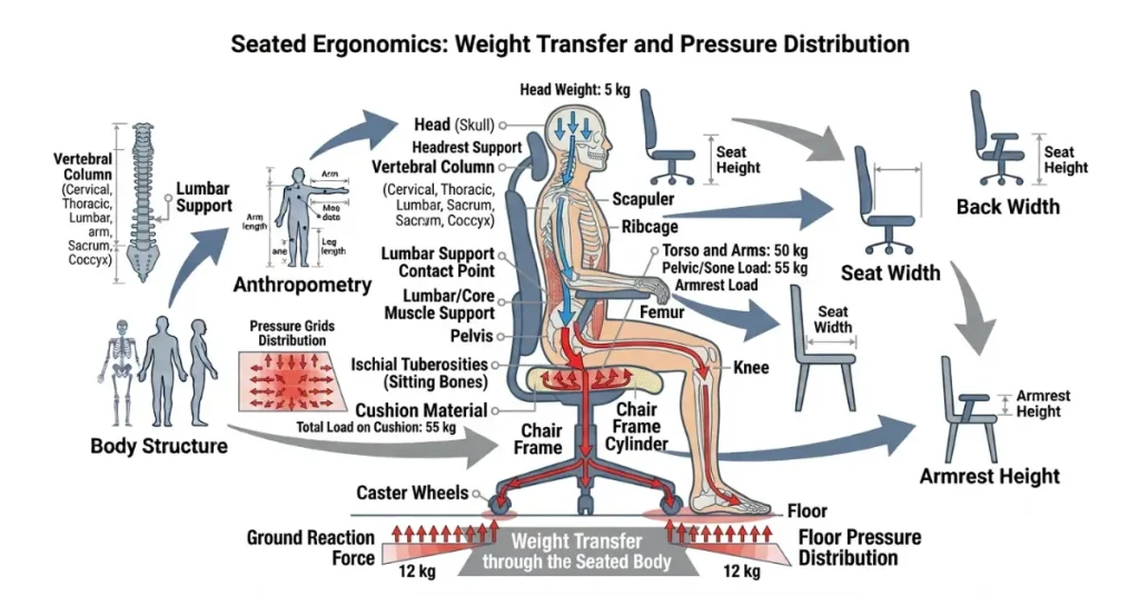 Side-view diagram showing body weight transfer through the spine and pelvis into a chair.