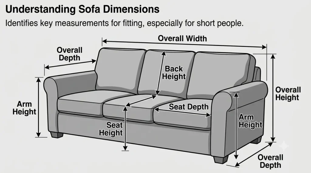 An educational annotated diagram titled 'Understanding Sofa Dimensions.' It displays a standard three-seater sofa in grayscale, similar to image_2.png, with precise dimension arrows and labels for seven key measurements: Seat Height, Seat Depth, Back Height, Arm Height, Overall Height, Overall Width, and Overall Depth. This visual provides a comprehensive breakdown of furniture geometry for better fitting.
