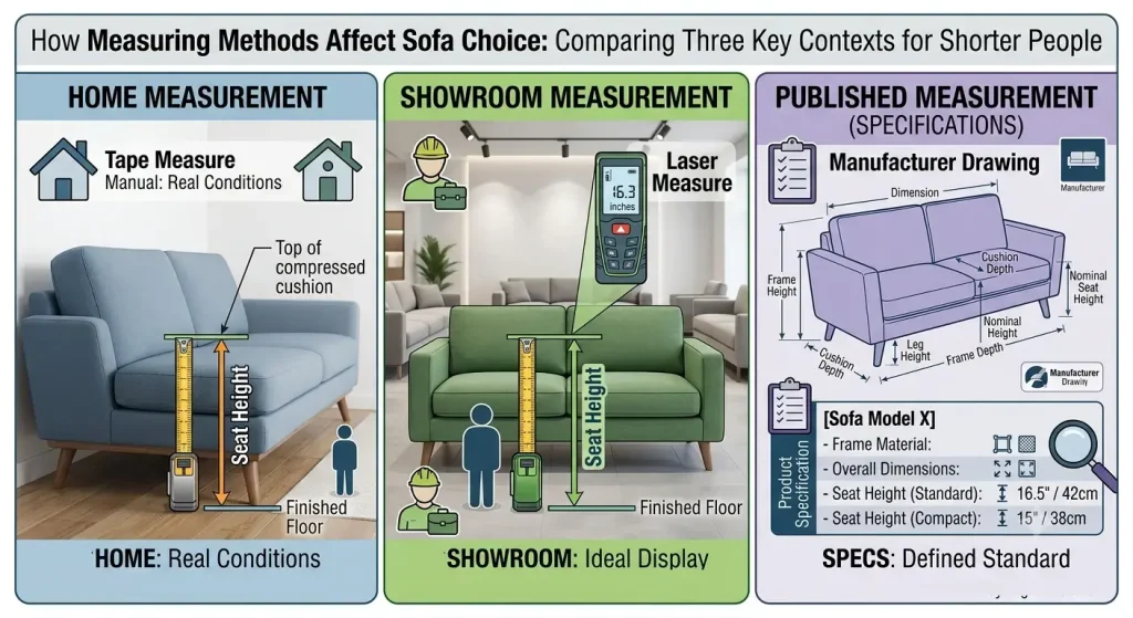 A comparison diagram in three panels showing three different methods and tools for determining sofa seat height: measuring a compressed cushion at home with a tape measure; using a laser measure on a new sofa in a showroom; and reading a manufacturer's technical drawing in a product specification.