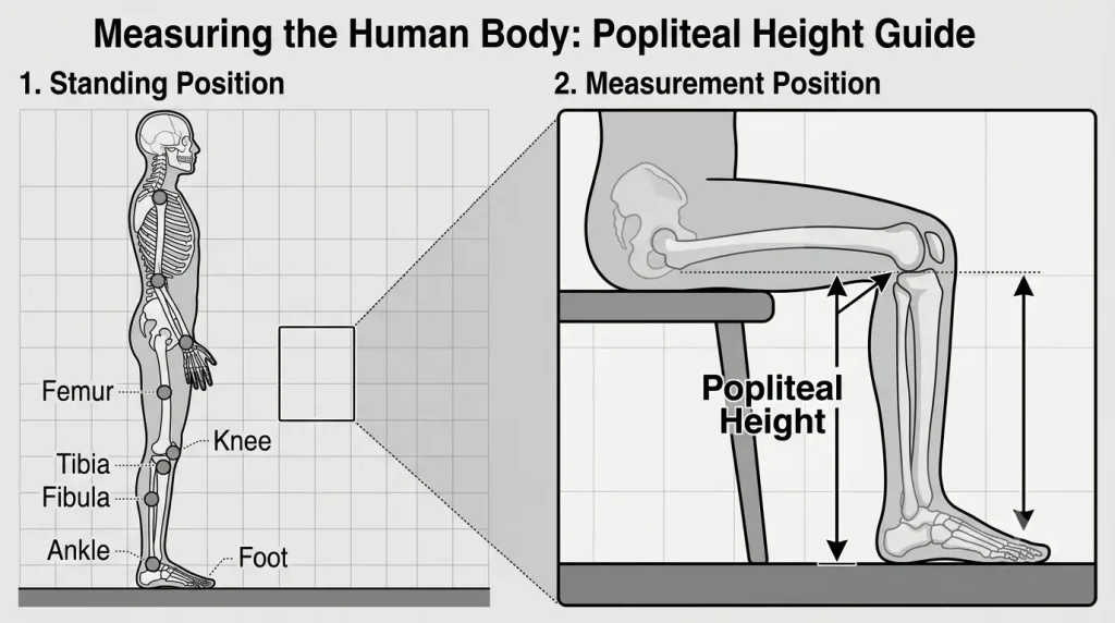 A detailed ergonomic measurement diagram, using a grayscale anatomical illustration. It clearly defines 'Popliteal Height' as the vertical distance from the floor to the crease behind the knee while seated, highlighting its critical role in proper sofa selection for short adults.