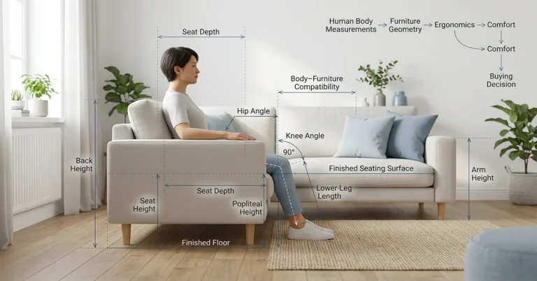 A conceptual ergonomic diagram and infographic showing how to select a sofa seat height. A short adult demonstrates a 90° knee angle with feet flat. Blue engineering-style labels measure Popliteal Height, Seat Depth, Seat Height, and Knee Angle to define 'Body–Furniture Compatibility'. A semantic relationship flowchart links human measurements to comfort and buying decisions.