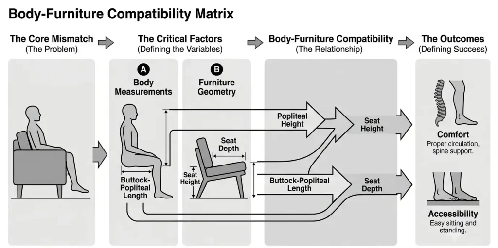 Ergonomic diagram detailing the Body-Furniture Compatibility Matrix for short adults. The visual charts the relationship between human body dimensions (Popliteal Height and Buttock-Popliteal Length) and sofa geometry (Seat Height and Seat Depth) to solve the problem of dangling feet and ensure proper lower back comfort.