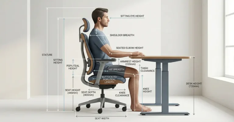 Anthropometry diagram showing human body measurements and corresponding furniture dimensions