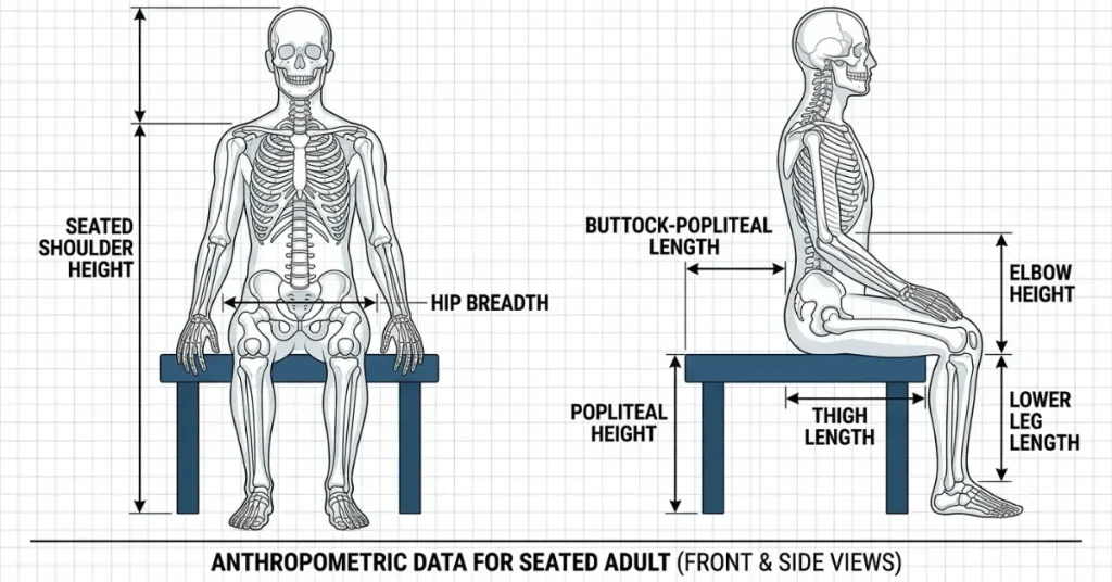 Anthropometric body measurements used to determine proper sofa dimensions.