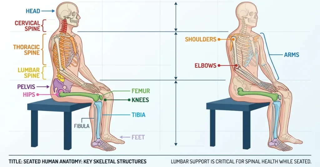 Human body structure showing the skeletal regions that influence furniture comfort.