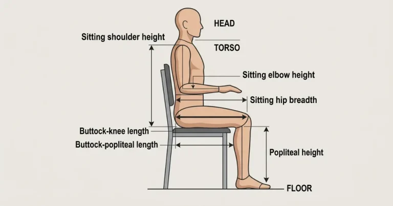 Seated human anthropometry diagram showing popliteal height, buttock-popliteal length, sitting hip breadth, buttock-knee length, sitting elbow height, and sitting shoulder height."